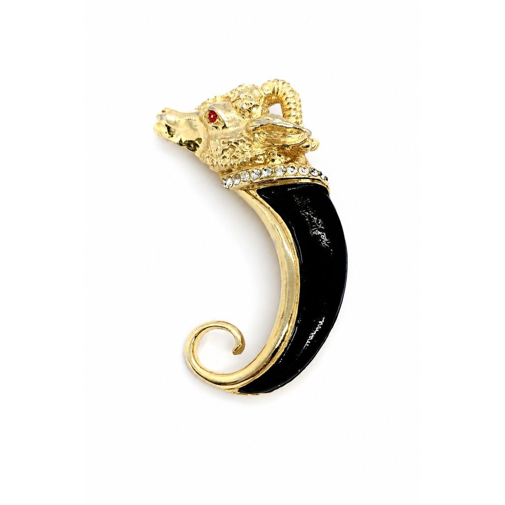VINTAGE RAM BROOCH Black Enamel Horn Rhinestone Gold Tone Aries Statement Pin